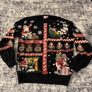 Vtg Nut Cracker Christmas Santa White Puff Paint Holidays Crewneck Sweater Sz M